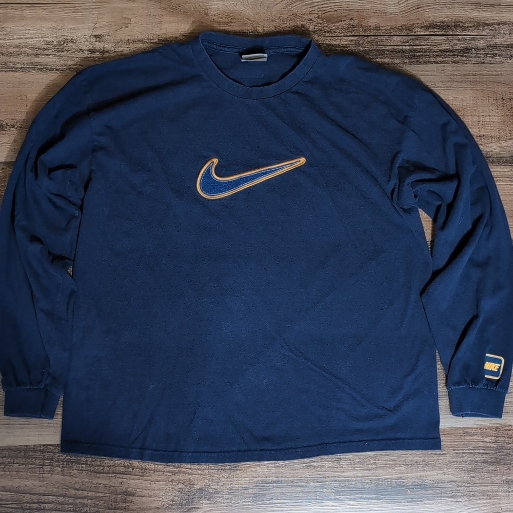 Vintage Nike Long Sleeve Navy Blue Gold Outline Swoosh Logo Chenille Embroidery